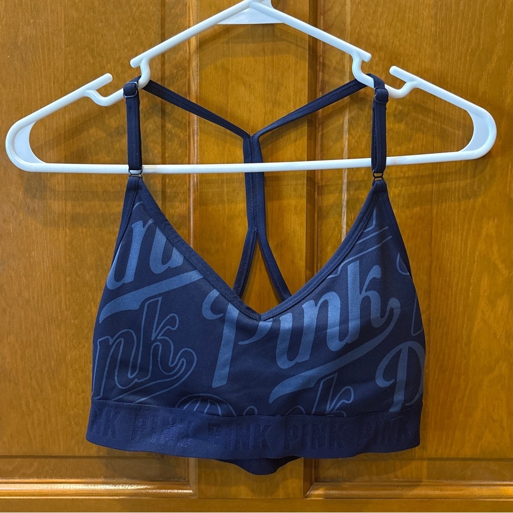 VS PINK Ultimate Sports Bra Lightly Lined Navy Blue Size Medium Logo Pattern